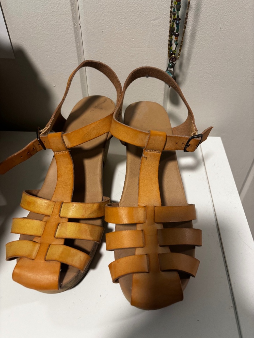 Tan leather open toe clog